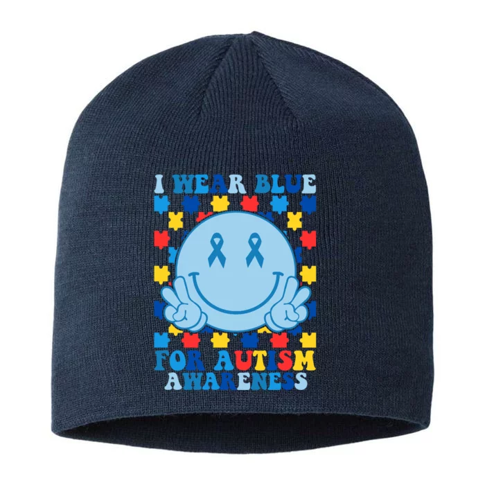 I Wear Blue For Autism Awareness Month Smile Peace 8 1/2in Sustainable Knit Beanie