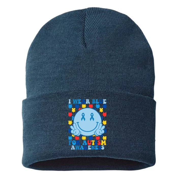 I Wear Blue For Autism Awareness Month Smile Peace Sustainable Knit Beanie