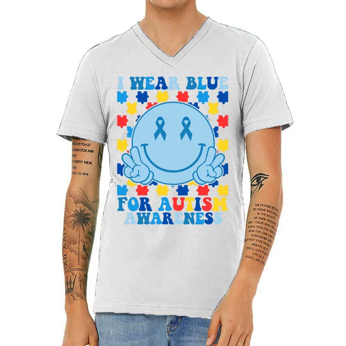 I Wear Blue For Autism Awareness Month Smile Peace V-Neck T-Shirt