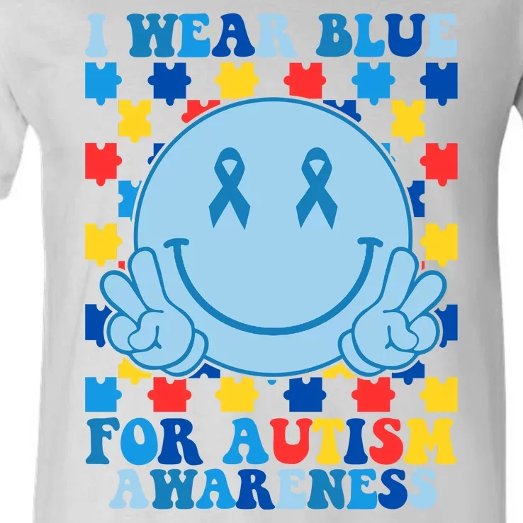 I Wear Blue For Autism Awareness Month Smile Peace V-Neck T-Shirt