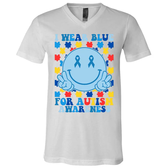 I Wear Blue For Autism Awareness Month Smile Peace V-Neck T-Shirt