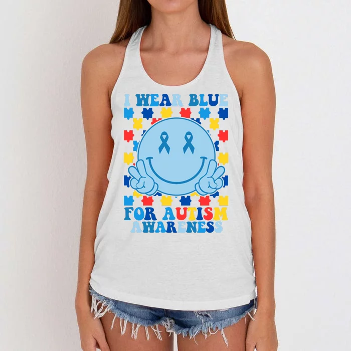 I Wear Blue For Autism Awareness Month Smile Peace Women's Knotted Racerback Tank