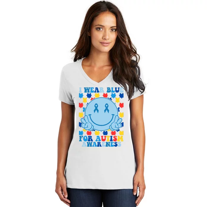 I Wear Blue For Autism Awareness Month Smile Peace Women's V-Neck T-Shirt