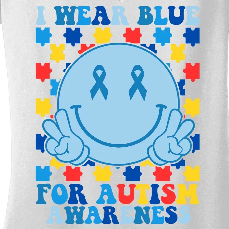 I Wear Blue For Autism Awareness Month Smile Peace Women's V-Neck T-Shirt