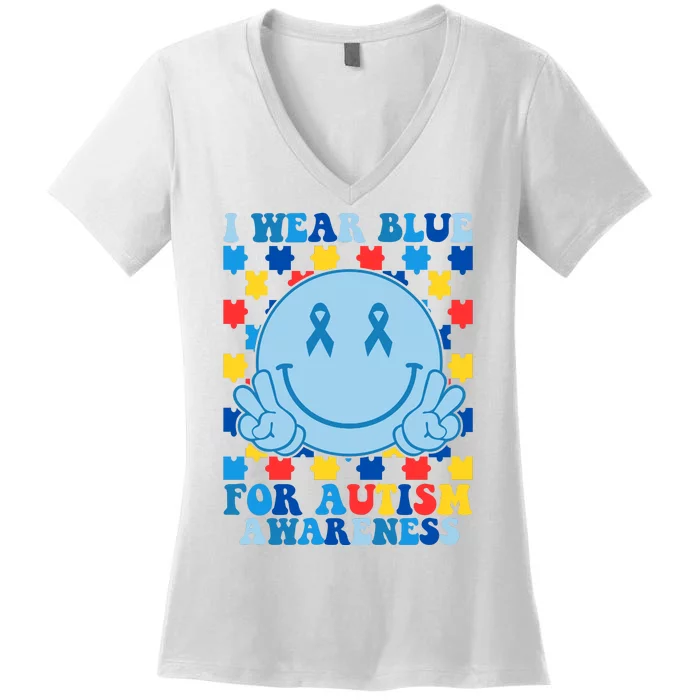 I Wear Blue For Autism Awareness Month Smile Peace Women's V-Neck T-Shirt