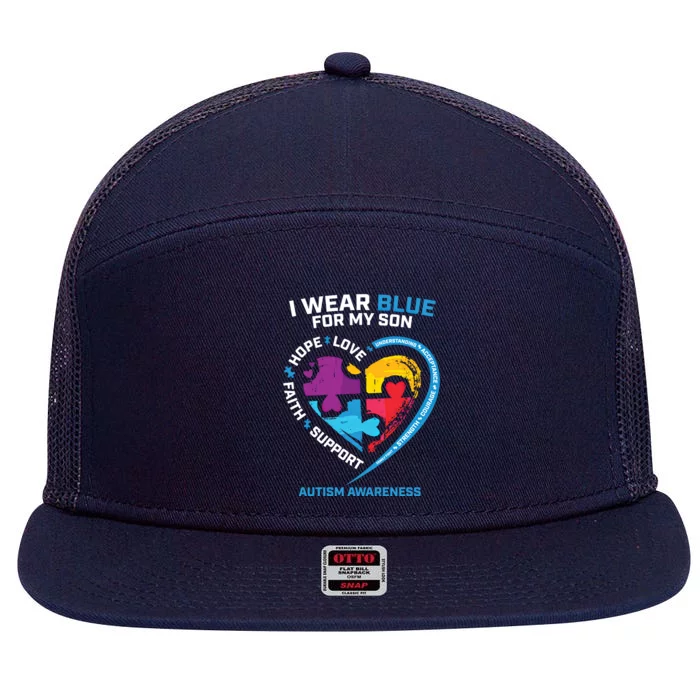 I Wear Blue For My Son Autism Awareness Products Mom Dad Gift 7 Panel Mesh Trucker Snapback Hat