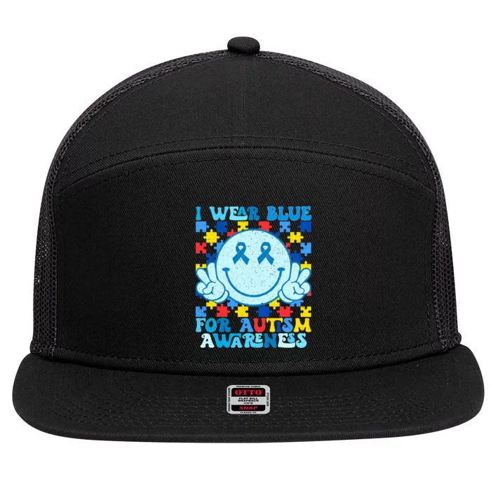 I Wear Blue For Autism Awareness Month 7 Panel Mesh Trucker Snapback Hat