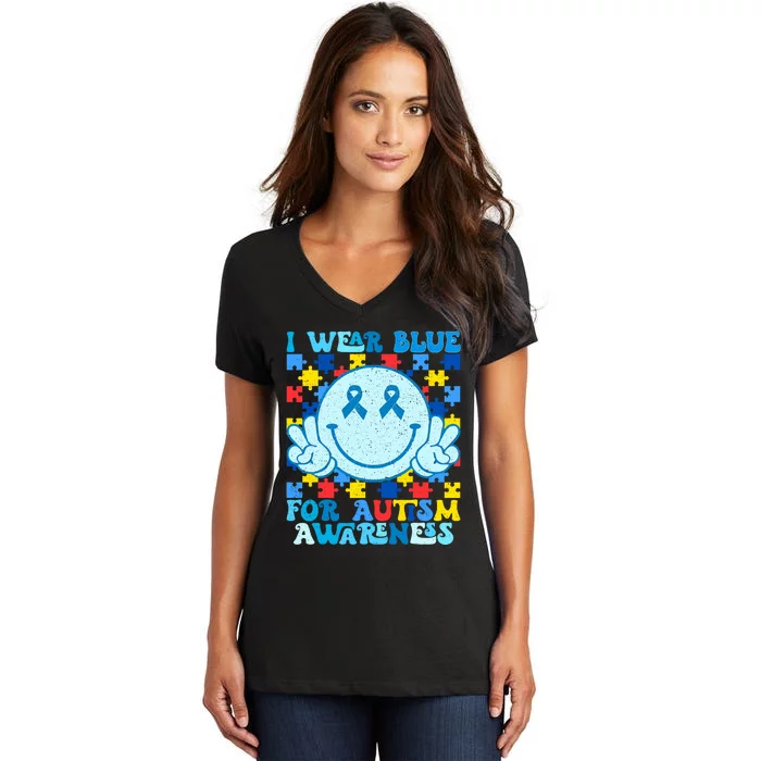 I Wear Blue For Autism Awareness Month Women's V-Neck T-Shirt