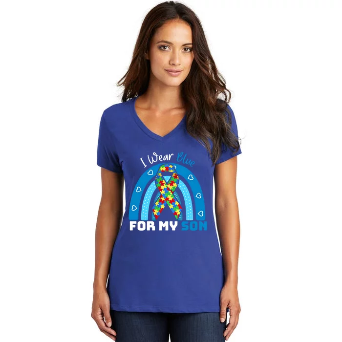 I Wear Blue For My Son Autism Awareness Rainbow Gift Women's V-Neck T-Shirt