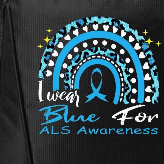 I wear blue for ALS awareness Rainbow, ALS Awareness Ribbon City Backpack