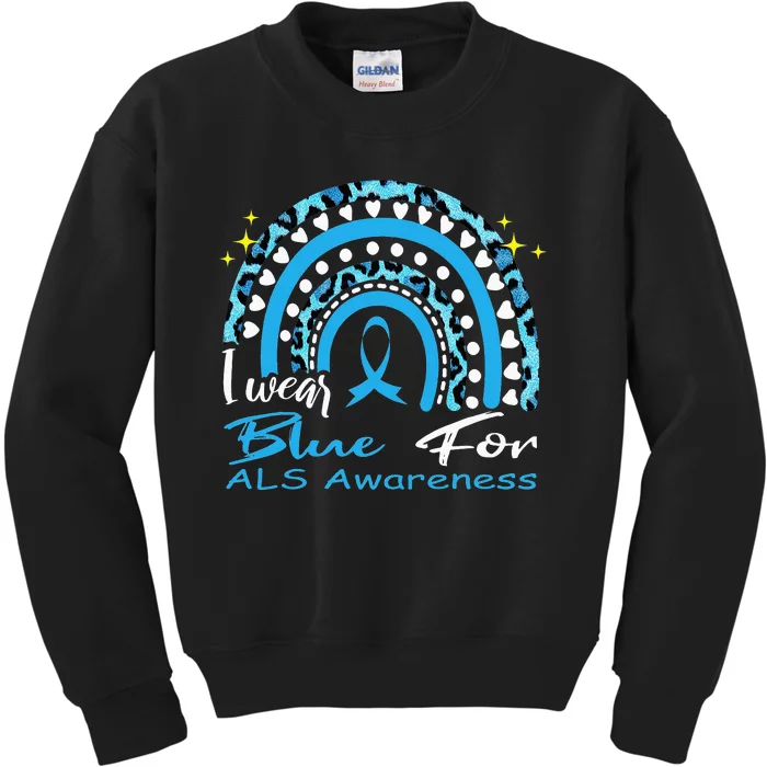 I wear blue for ALS awareness Rainbow, ALS Awareness Ribbon Kids Sweatshirt