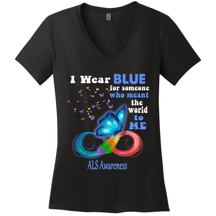 I Wear Blue ALS Awareness Women's V-Neck T-Shirt