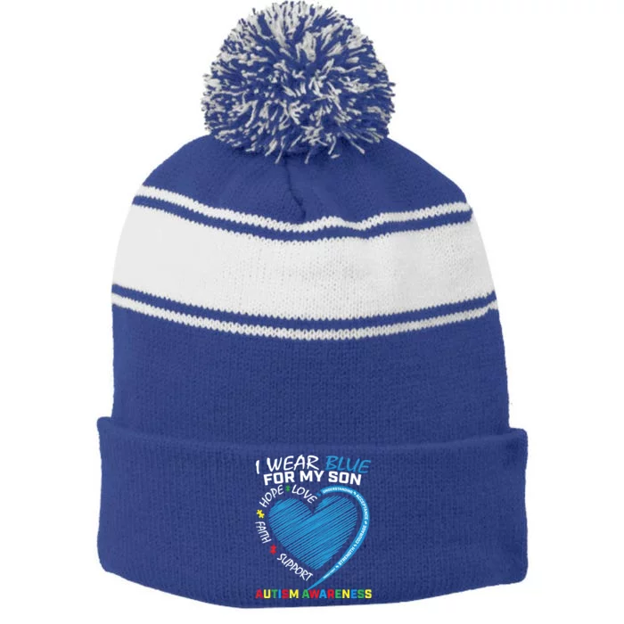 I Wear Blue For My Son Autism Awareness Support Products Cool Gift Stripe Pom Pom Beanie