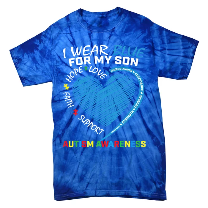 I Wear Blue For My Son Autism Awareness Support Products Cool Gift Tie-Dye T-Shirt