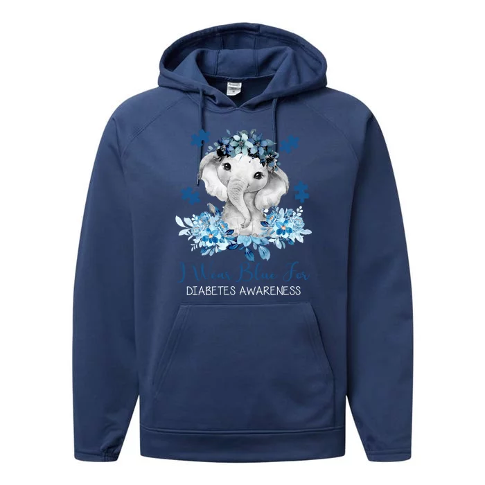 I Wear Blue For Diabetes Awareness Elephant Performance Fleece Hoodie