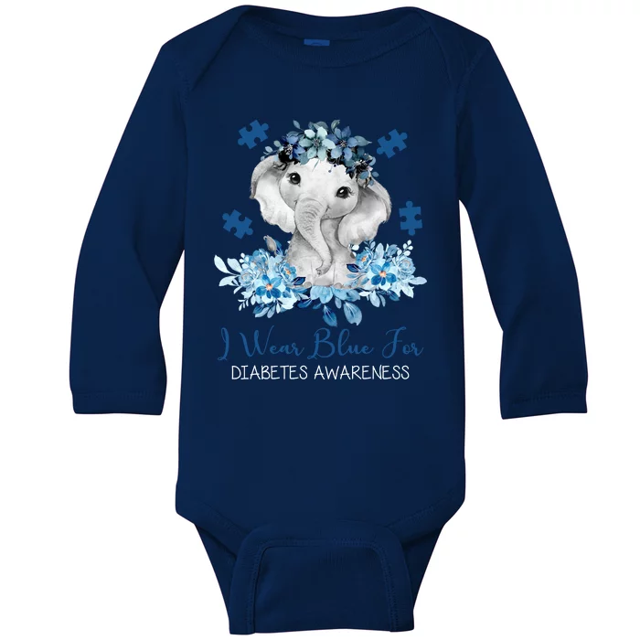 I Wear Blue For Diabetes Awareness Elephant Baby Long Sleeve Bodysuit