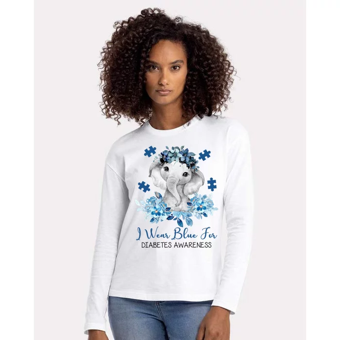 I Wear Blue For Diabetes Awareness Elephant Womens Cotton Relaxed Long Sleeve T-Shirt