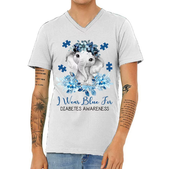 I Wear Blue For Diabetes Awareness Elephant V-Neck T-Shirt