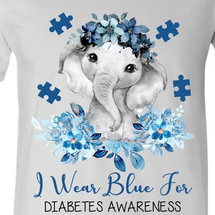 I Wear Blue For Diabetes Awareness Elephant V-Neck T-Shirt