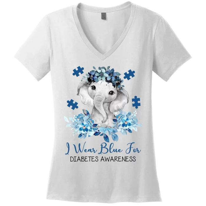 I Wear Blue For Diabetes Awareness Elephant Women's V-Neck T-Shirt