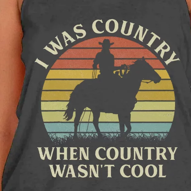 I Was Country When Country WasnT Cool Cow Horseback Women's Knotted Racerback Tank