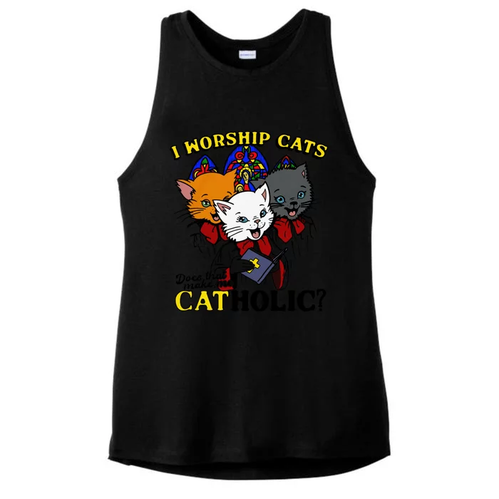 I Worship Cats Does That Make Me Catholic Funny Cat Lovers Ladies Tri-Blend Wicking Tank