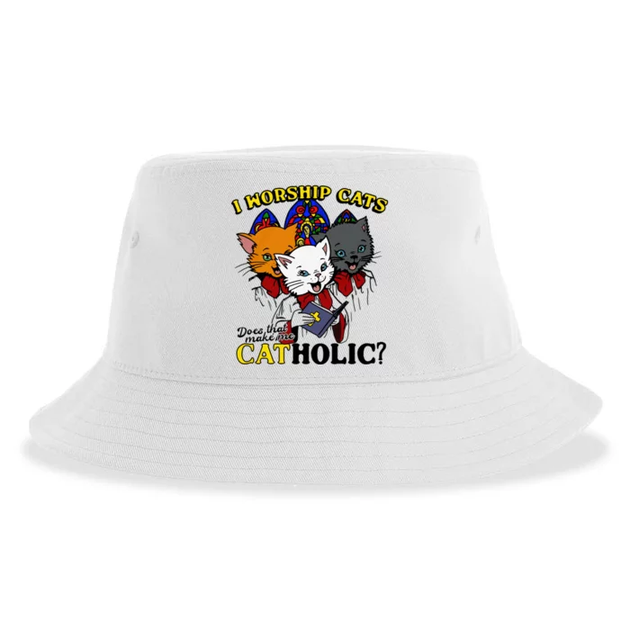 I Worship Cats Does That Make Me Catholic Funny Cat Lovers Sustainable Bucket Hat