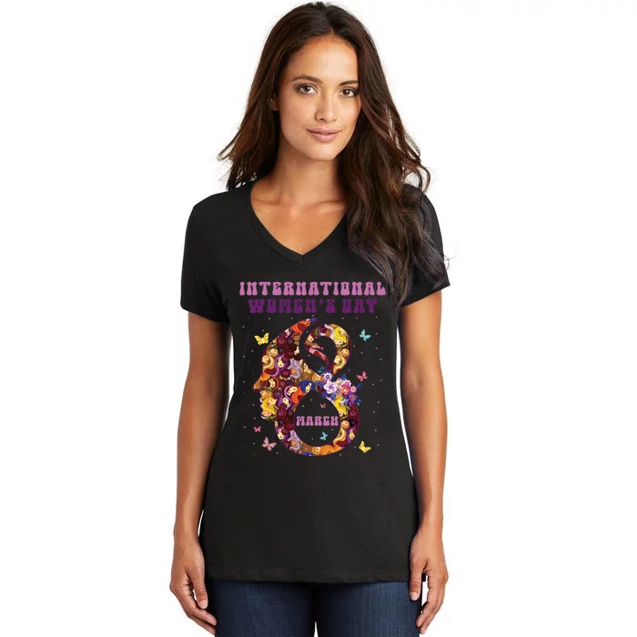 International Women Day 8 March 2024 Flowers Woman Girl Women's V-Neck T-Shirt