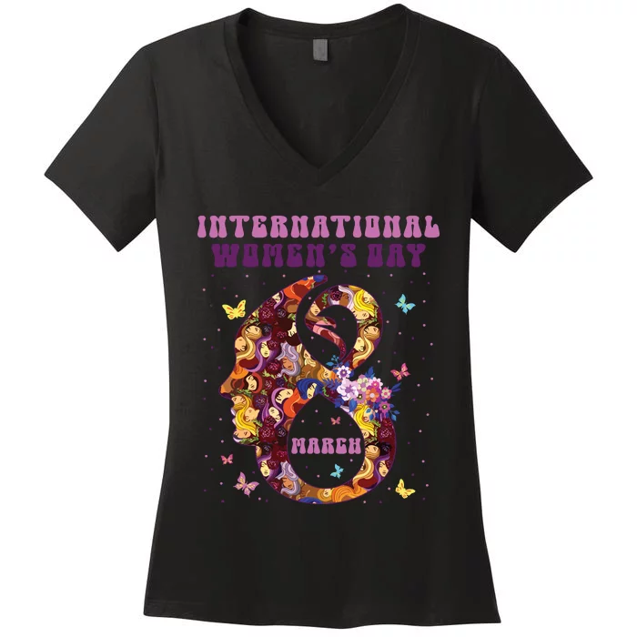 International Women Day 8 March 2024 Flowers Woman Girl Women's V-Neck T-Shirt