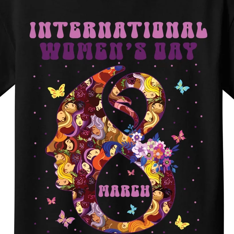 International Women Day 8 March 2024 Flowers Woman Girl Kids T-Shirt