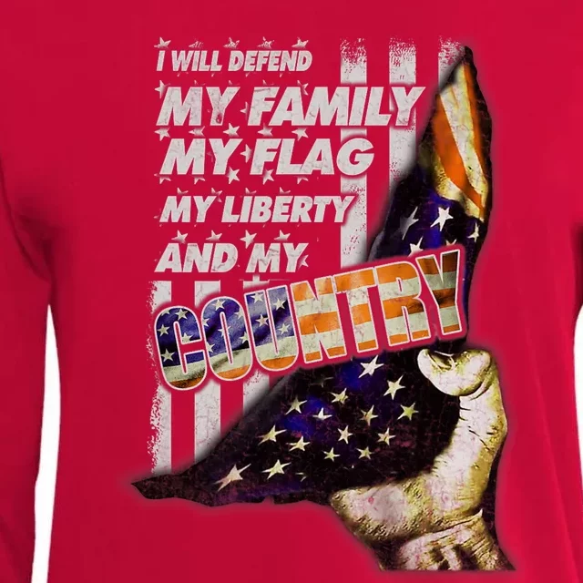 I Will Defend My Family My Flag Womens Cotton Relaxed Long Sleeve T-Shirt