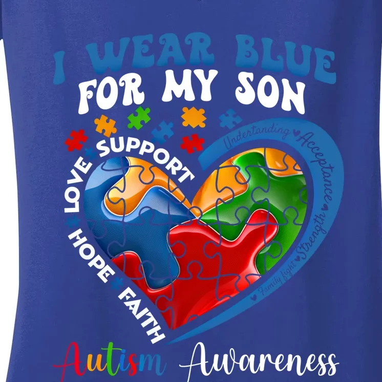 I Wearblue For My Son Autism Awareness Blue Heart Gift Women's V-Neck T-Shirt