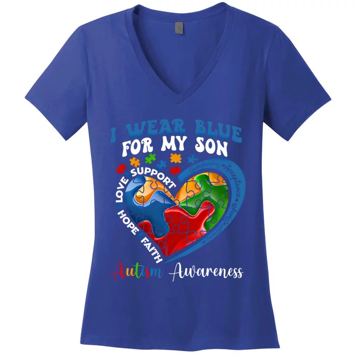 I Wearblue For My Son Autism Awareness Blue Heart Gift Women's V-Neck T-Shirt