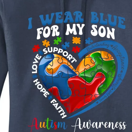 I Wearblue For My Son Autism Awareness Blue Heart Gift Women's Pullover Hoodie