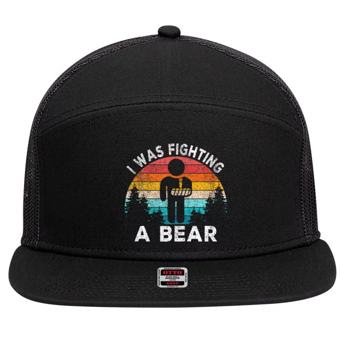 I Was Fighting A Bear Get Well Soon Broken Arm Surgery Retro 7 Panel Mesh Trucker Snapback Hat