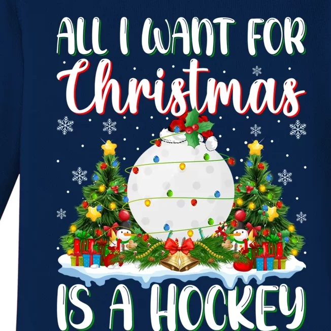 I Want For Christmas Is A Hockey Xmas Tree Lights Funny Gift Baby Long Sleeve Bodysuit