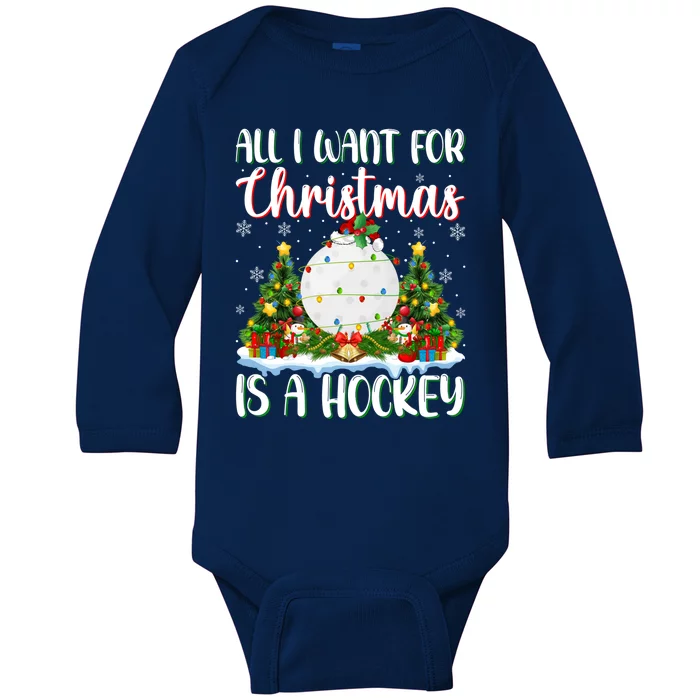 I Want For Christmas Is A Hockey Xmas Tree Lights Funny Gift Baby Long Sleeve Bodysuit