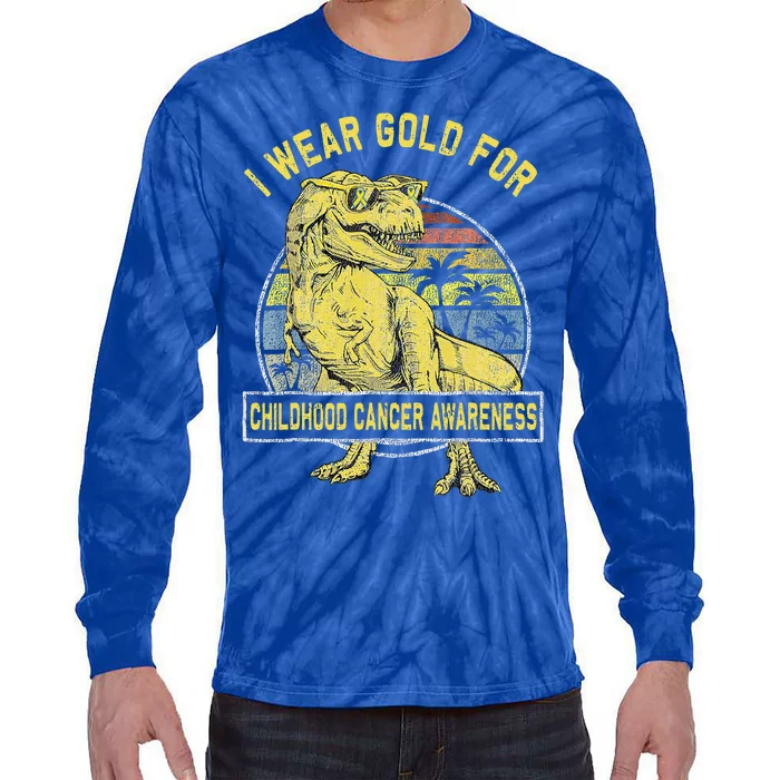 I Wear Gold For Childhood Cancer Awareness Dinosaur Tie-Dye Long Sleeve Shirt