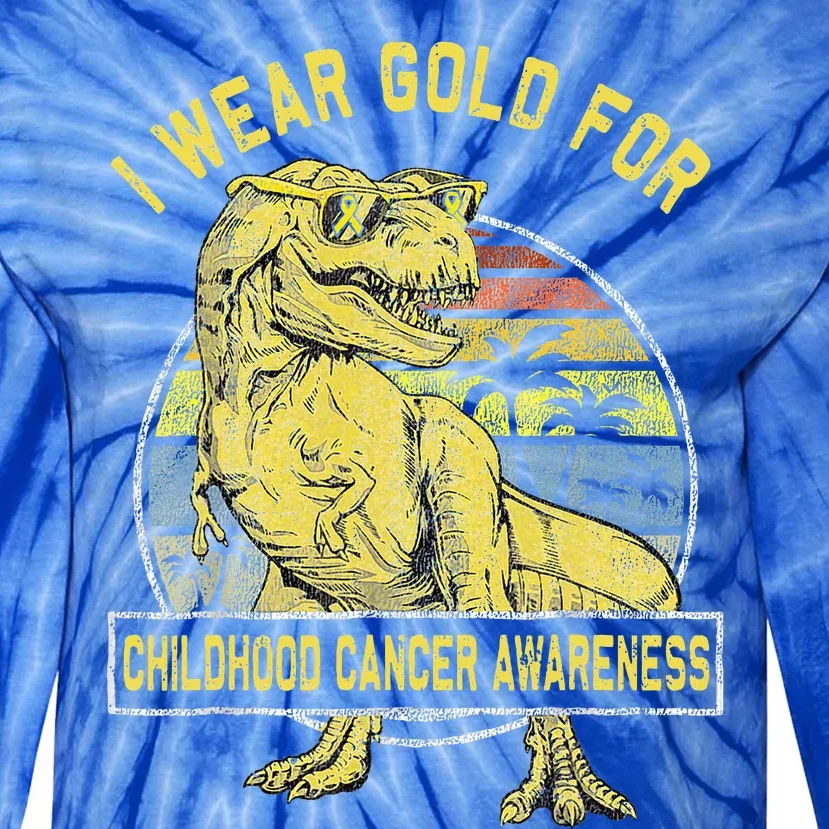 I Wear Gold For Childhood Cancer Awareness Dinosaur Tie-Dye Long Sleeve Shirt