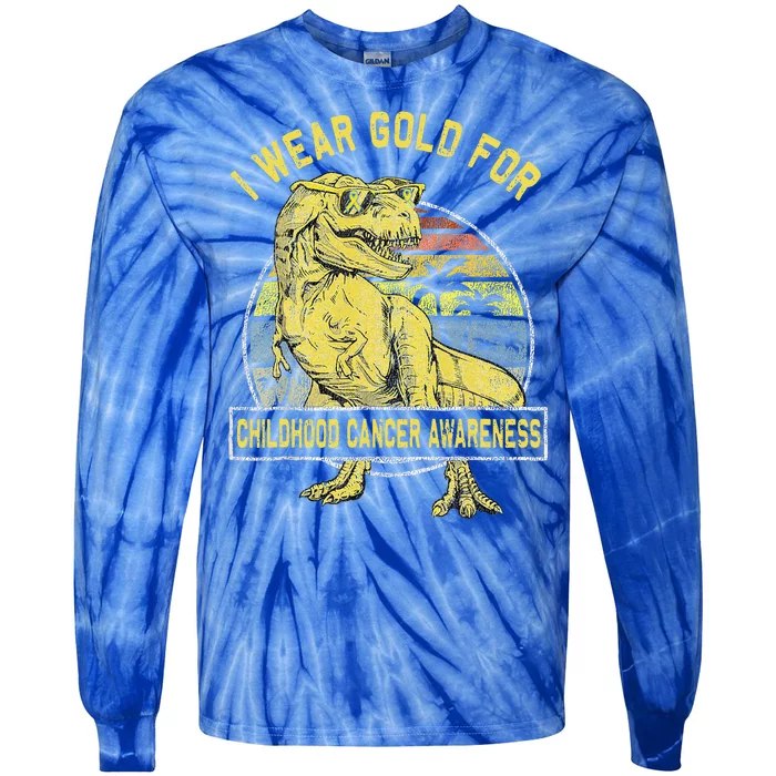 I Wear Gold For Childhood Cancer Awareness Dinosaur Tie-Dye Long Sleeve Shirt