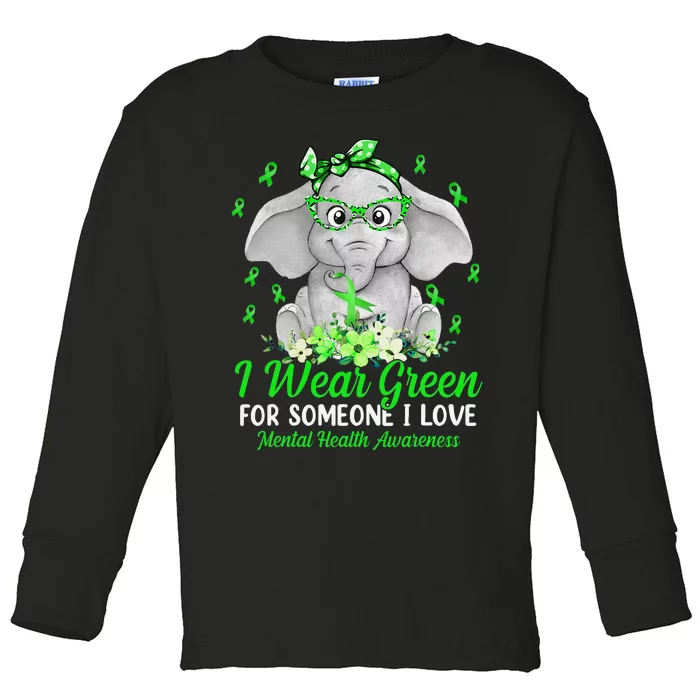 I Wear Green For Mental Health Awareness Ribbon Elephant Toddler Long Sleeve Shirt