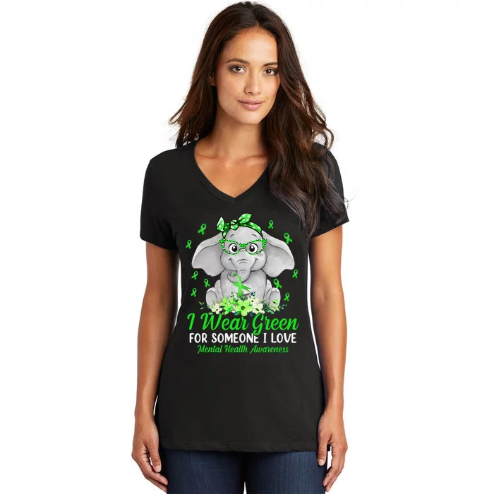 I Wear Green For Mental Health Awareness Ribbon Elephant Women's V-Neck T-Shirt