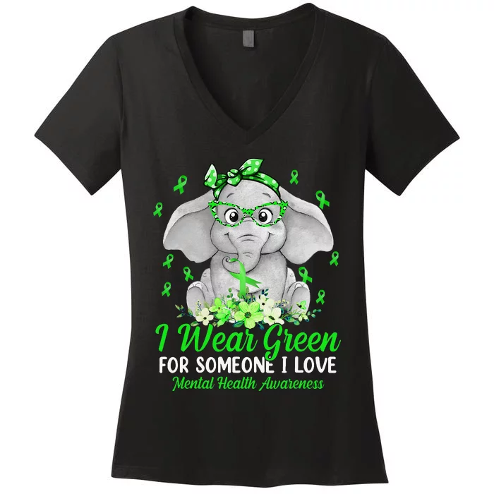 I Wear Green For Mental Health Awareness Ribbon Elephant Women's V-Neck T-Shirt