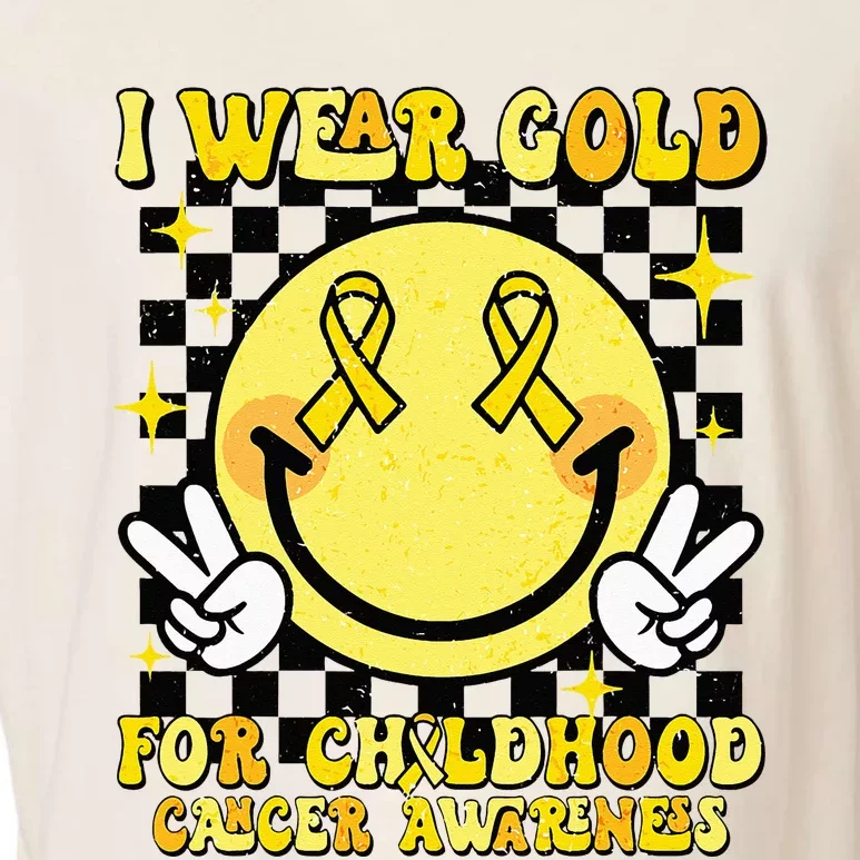 I Wear Gold For Childhood Cancer Awareness Smile Face Groovy Garment-Dyed Women's Muscle Tee