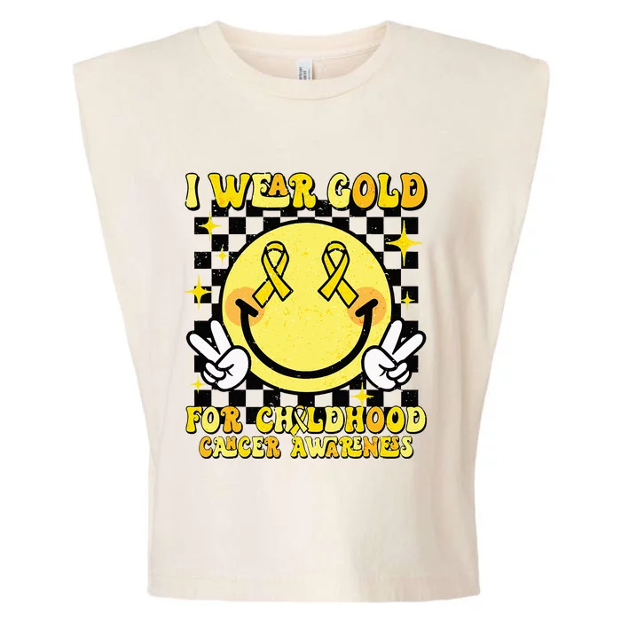 I Wear Gold For Childhood Cancer Awareness Smile Face Groovy Garment-Dyed Women's Muscle Tee