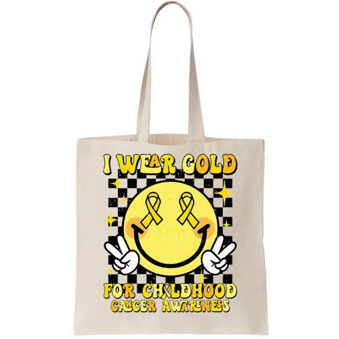 I Wear Gold For Childhood Cancer Awareness Smile Face Groovy Tote Bag