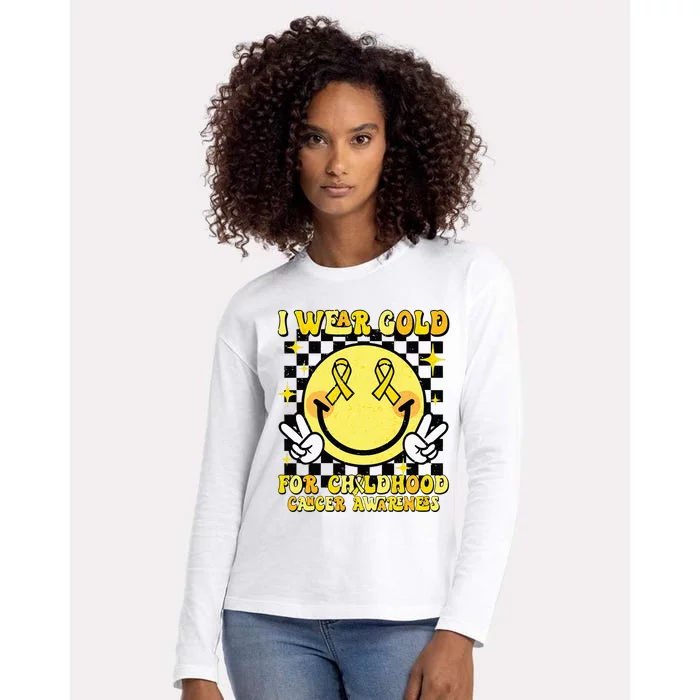 I Wear Gold For Childhood Cancer Awareness Smile Face Groovy Womens Cotton Relaxed Long Sleeve T-Shirt