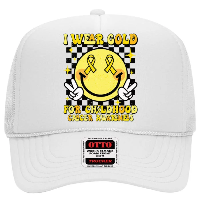 I Wear Gold For Childhood Cancer Awareness Smile Face Groovy High Crown Mesh Trucker Hat