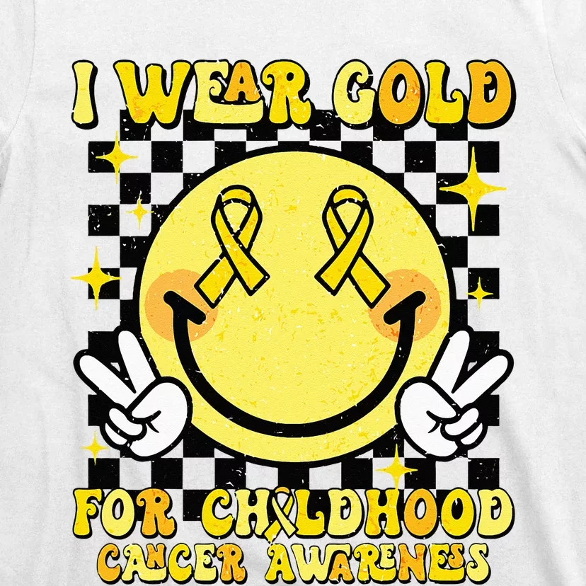 I Wear Gold For Childhood Cancer Awareness Smile Face Groovy T-Shirt