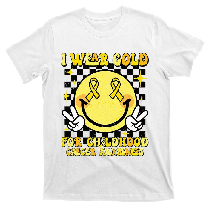 I Wear Gold For Childhood Cancer Awareness Smile Face Groovy T-Shirt